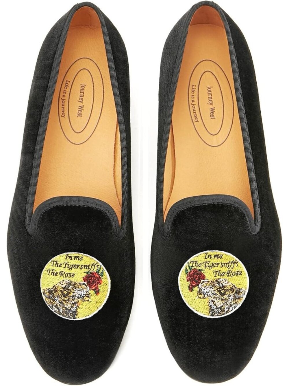 Journey West Men's Tiger Rose Black Round Toe Tuxedo Embroidery Velvet Loafers